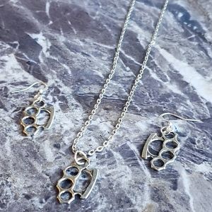 Brass knuckle necklace and earring set